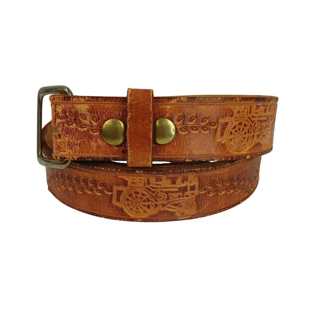 Men's SZ 36 Handcrafted Tooled Genuine Leather Belt Leaf Vines Farm Tractors 1"